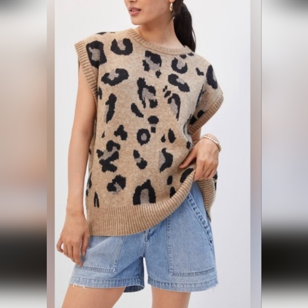 ANTHROPOLOGIE  Beige and Black Animal Print Sweater Vest
